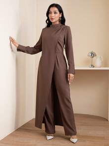 Veilorie Conjunto de ropa de estilo árabe para mujer con cuello de nicho y abertura - Óxido marrón - Ver 4