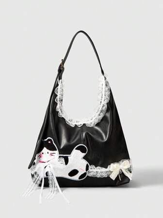 Kawaii Bolso de un solo hombro, bandolera, de doble capa con encaje lindo