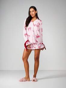 MISSGUIDED 蝴蝶结印花睡衣套装，纽扣长袖衬衫，荷叶边下摆，休闲短裤睡衣 - 粉色 - 查看 4