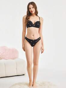 1套女款黑色花卉蕾絲飾邊內衣套裝，夏季內衣 - 黑色 - 查看 5