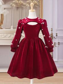 Glamorique Kids Đầm midi chữ A cổ tròn tay bồng khoét sâu họa tiết ngọc trai nhung thanh lịch cổ điển cho bé gái, Đầm dự tiệc Giáng sinh - Màu Đỏ Sâu - Xem 1