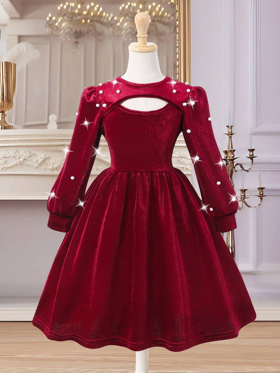 Glamorique Kids Đầm midi chữ A cổ tròn tay bồng khoét sâu họa tiết ngọc trai nhung thanh lịch cổ điển cho bé gái, Đầm dự tiệc Giáng sinh - Màu Đỏ Sâu - Xem 1