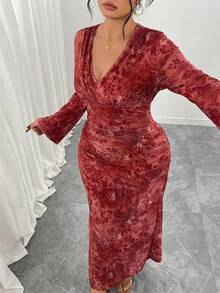 SHEIN Elenzya Plus Size Women Knit Printed Mesh Regular Fit Flare Sleeve V-Neck Waist Cinched Dress, Elegant For Autumn/Winter - Red - View 3