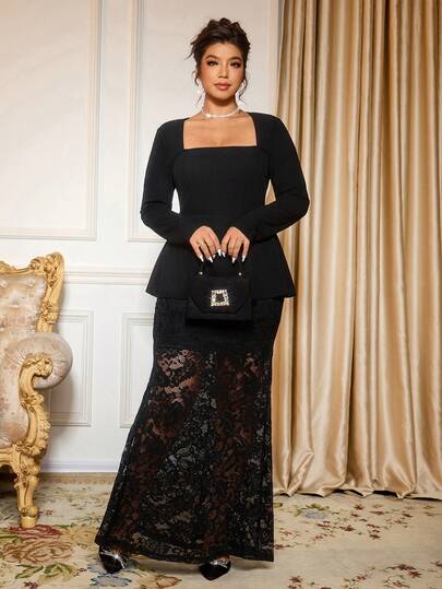 Cravure Plus Size Women's Elegant Romantic Sexy Lace Party Formal Black Dress, Square Neck, Waist Cinched, Flowing, Suitable For Halloween, Christmas Parties, Dates, Spring/Autumn/Winter