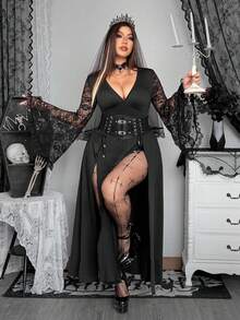 Whyspr 大码女式 V 领长袖喇叭袖蕾丝拼布网眼透明优雅复古休闲可爱性感朋克哥特派对万圣节双开衩长裙 - 黑色 - 查看 6