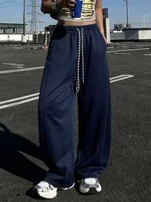 DAZY Contrast Color Drawstring Elastic Waist Loose Thermal Lined Barrel Leg Pants, Casual Sports Street Style For Women, Autumn/Winter - Navy Blue - View 1
