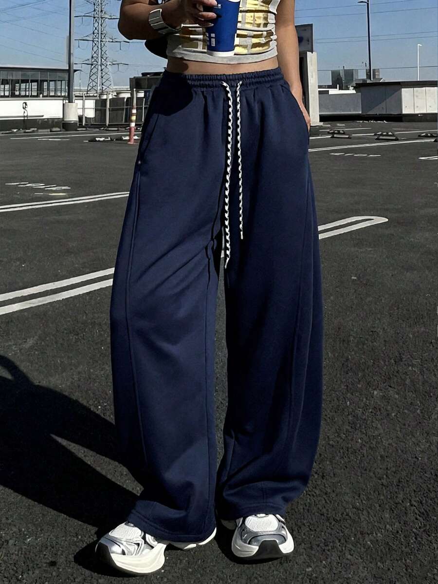 DAZY Contrast Color Drawstring Elastic Waist Loose Thermal Lined Barrel Leg Pants, Casual Sports Street Style For Women, Autumn/Winter - Navy Blue - View 1