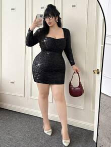 SHEIN EZwear Váy dạ hội dài tay nhún bèo cỡ lớn thu/đông - màu đen - Xem 7