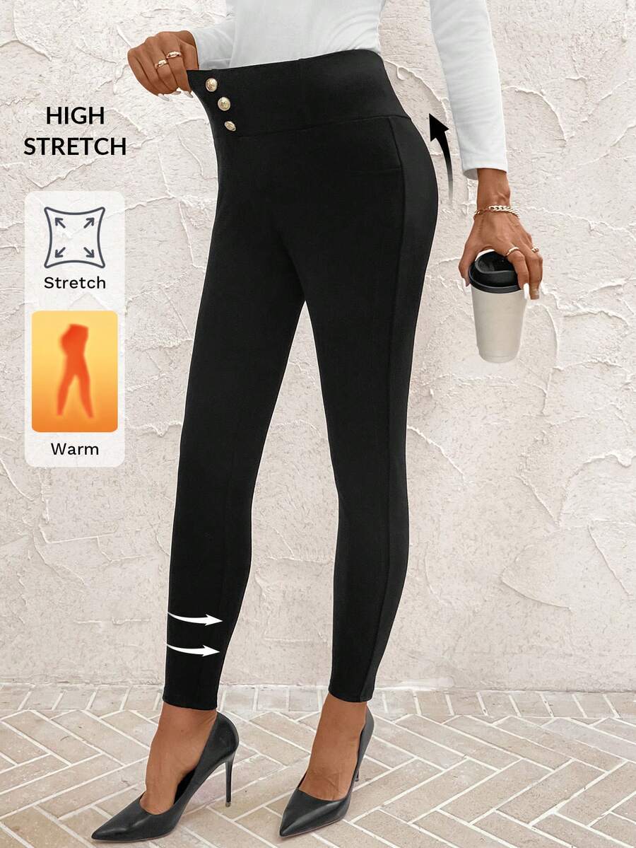 SHEIN Clasi Pantaloni termici da donna, adatti per l'ufficio e il tempo libero, autunno/inverno, leggings natalizi per donna, pantaloni elasticizzati, leggings vita alta, leggings caldi, nero, autunno, autunno per donna - nero - Visualizzare 1