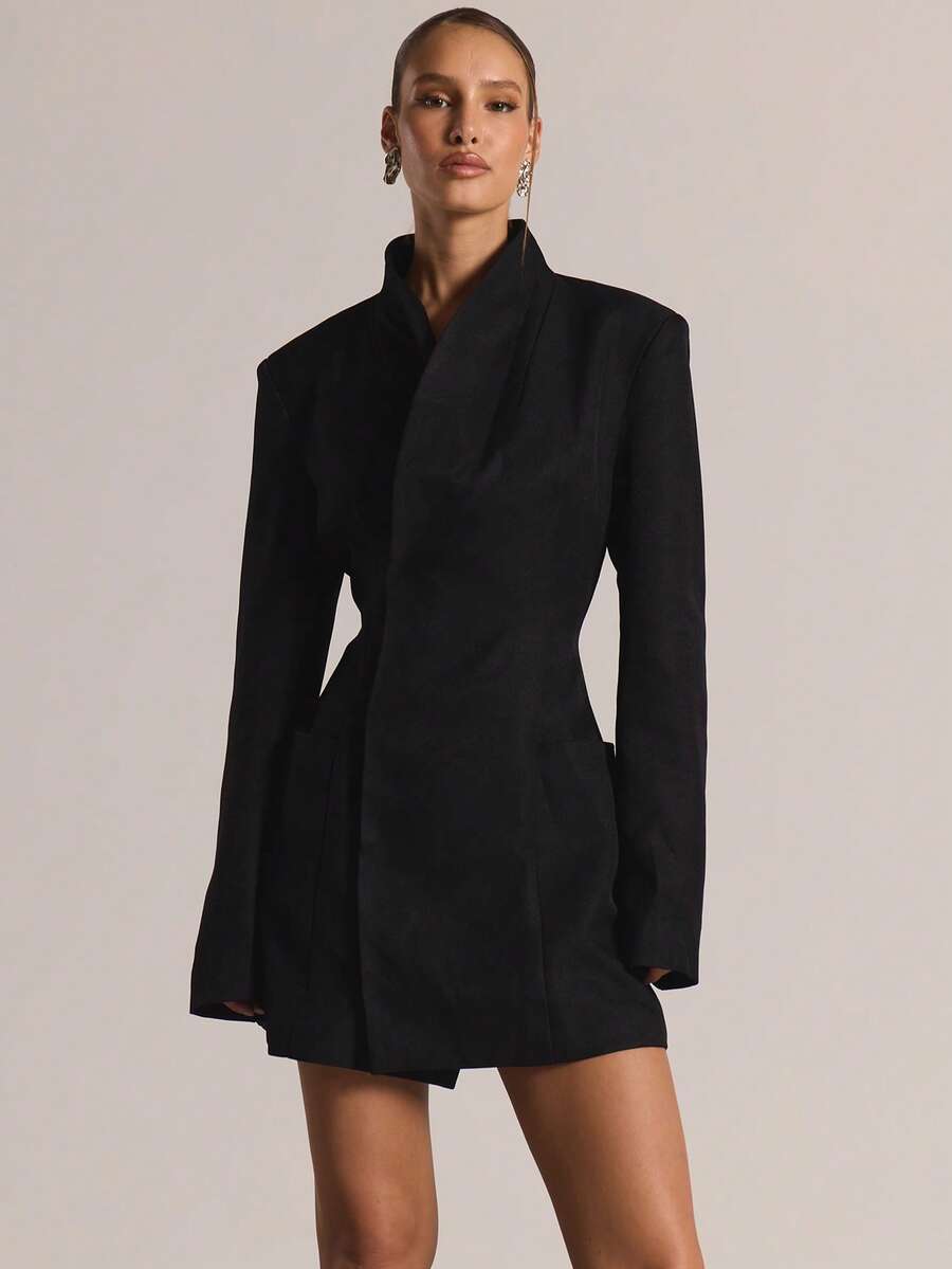 MUSERA 修身收腰漏斗领长袖西装裙，秋季休闲外出日常夜生活性感可爱舒适派对优雅春季春夏度假装 - 黑色 - 查看 1