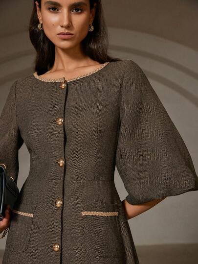 Aveloria Rosie Robe en tricot à manches lanternes avec décoration de ceinture de taille vintage, hiver