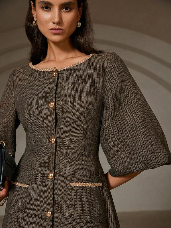 Aveloria Rosie Vintage Waist Belt Decor Lantern Sleeve Knit Dress, Winter