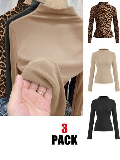 SHEIN LUNE Set de 3 camisetas básicas de ajuste ceñido de unicolor y estampado de leopardo, para capas casuales en otoño/invierno, ropa de otoño para mujer, casual