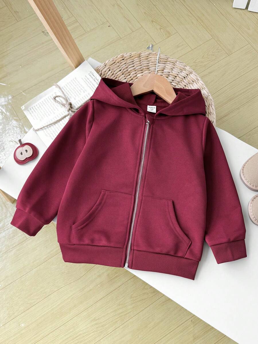 SHEIN 年轻女孩休闲百搭百搭连帽拉链夹克，秋冬 - 酒紅色 - 查看 1