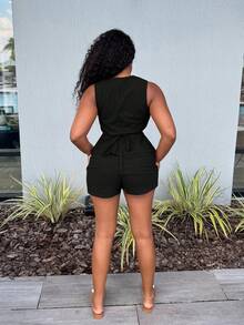 Alexandranx 2pcs Women Elegant Suit Set: Round Neck Vest And Shorts Linen Set Women Short Sets Women 2 Pieces Short Sets Women Linen Short Sets Women Black Linen Shorts Set Women Two Pieces Linen Set Linen Short For Women 2 Pieces Linen Summer Set In Fall/Winter - Black - View 2
