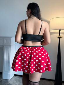 Flirla Plus Size Sexy & Cute Bow Decor Camisole And Sweet Polka Dot Mini Skir2 Piecesce Set - Black - View 2