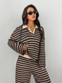 SHEIN PETITE 女式两件套宽松条纹 V 领落肩长袖 T 恤和松紧腰条纹裤，冬季毛衣套装，秋冬 - 棕色 - 查看 6