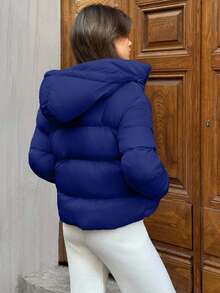 EURMUSE Women's Short Puffer Jacket – Beige Hooded Quilted Winter Coat, Warm Zip Up Outerwear, Ribbed Cuff Details, Lightweight Insulated Bubble Jacket, Drawstring Hood, Fashionable Casual Street Regular Fit, Cozy Thermal Layer - Royal Blue - View 2