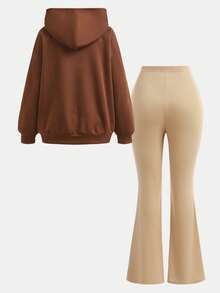 Girlism 少女两件套，花卉灰蓝色，休闲百搭，宽松长袖卫衣和喇叭裤，返校季，干净女孩，运动套装 - 棕色 - 查看 2