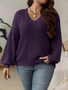 Calvaya Áo len chui đầu dáng rộng tay dài cổ chữ V hở vai cỡ lớn dành cho nữ, mùa thu/đông - Màu tím - Xem 5