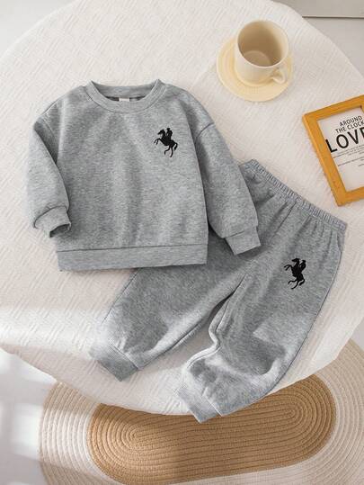 SHEIN Baby Girls Grey Thermal Lined Long Sleeve Sweatshirt And Elastic Waist Pants Set, Autumn/Winter