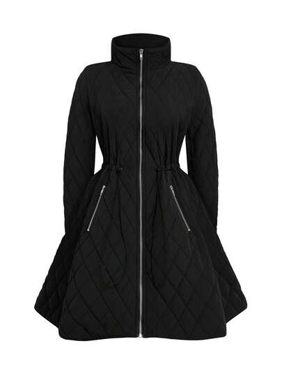 GlowEve CURVE Plus Size Women Casual Daily Commute Simple Solid Color Cinched Waist High Collar Zip-Up Cotton Jacket, Winter