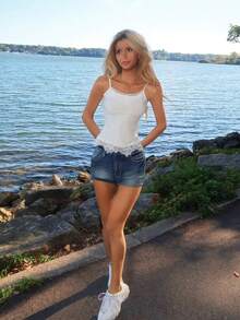 Sydney Algeri Women's Solid Color Contrast Lace Ribbed Camisole - White - View 4