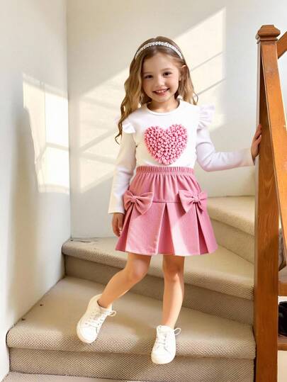 SHEIN Elladie kids 2pcs/Set Toddler Girls Cute Casual Ribbed Cap Sleeve Top And Corduroy Pleated Bow Skirt Outfit, Comfortable And Sweet Casual Wear