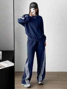 Aidyla Set de 2 sudaderas con capucha de felpa con rayas de color contrastante, estilo callejero de moda