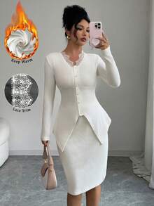 Modelyn 2件套V领蕾丝拼布长袖针织裙套装，秋冬 - 白色 - 查看 4