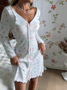 CottageSlumber Women's Romantic Ditsy Floral Pattern Bow Decor Nightgown, For Fall & Winter - Multicolor - View 1