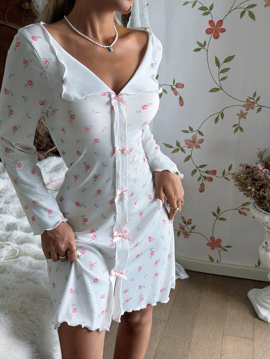 CottageSlumber Women's Romantic Ditsy Floral Pattern Bow Decor Nightgown, For Fall & Winter - Multicolor - View 1
