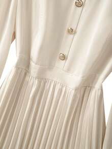 GlowEve CURVE Plus Size Women Solid Color Long Sleeve Round Neck Elegant Pleated Decorative Button Dress - Apricot - View 6