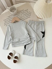 SHEIN 2-Pack Grey Baby Girl Casual Autumn Sports Retro T-Shirt With Star Pattern,Drawstring Hem & Flared Pants Set,Suitable For Work,School & Daily Use - Grey - View 4