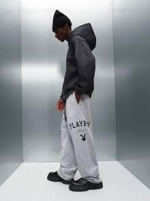 PLAYBOY X SUMWON Relaxed Fit Wide Leg Sweatpants With Drawstring Waist For Casual Streetwear Comfort - Light Grey - View 1