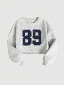 SHEIN Tween Girls Casual Basic Loose Short Crew Neck Drop Shoulder 89 Number & Letter Print Long Sleeve Pullover Sweatshirt And Matching Pleated Wide Leg Straight Sweatpants Set, Light Gray Outfit Set 90s Clothes Outfit Set 89 Outfit With Number 89 - Light Grey - View 6