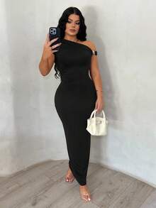 SHEIN SXY 女士不对称领口棕色优雅连衣裙 - 黑色 - 查看 6