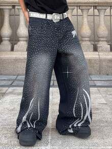 ROMWE MEN Street Life Men's Loose Fit Rhinestone Embellished Wide Leg Jeans - Black - View 4