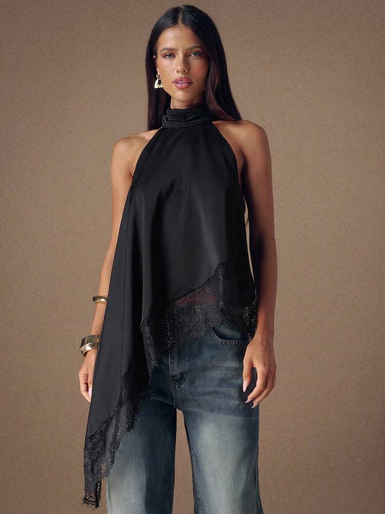 SHEIN BAE Elegant Lace Trim Backless Camisole Top, Sexy Satin Patchwork Sleeveless Blouse For Party, Cocktail, Formal Occasions, Business Casual - Black - View 3