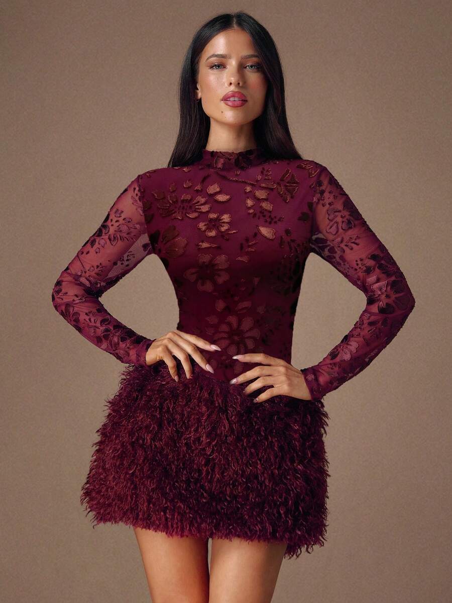 SHEIN BAE 勃艮第长袖高领纹理花卉拼布流苏下摆优雅连衣裙，适合鸡尾酒会、浪漫约会、秋冬分层穿着、聚会、派对、夜总会、万圣节、圣诞节 - 酒紅色 - 查看 1