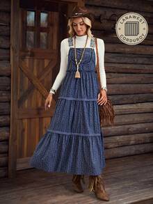 女式卡其色灯芯绒印花宽松可调节长款西部休闲吊带连衣裙，LanaWest - 灰藍色 - 查看 3