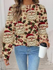 SHEIN LUNE 圣诞节仿皮草圣诞帽休闲简约印花圆领宽松女式运动衫，秋冬 - 彩色 - 查看 3