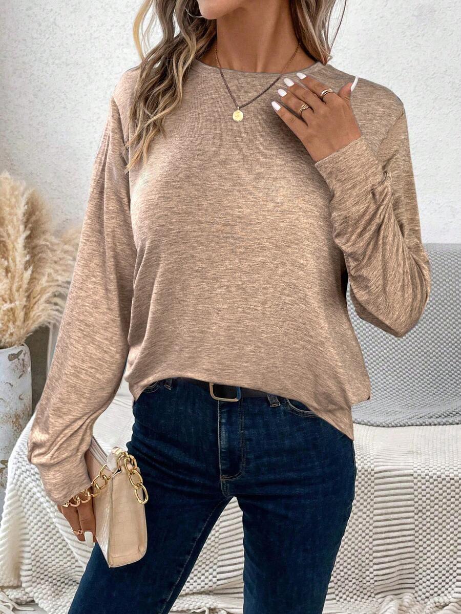 SHEIN LUNE Áo thun dài tay cổ tròn thường ngày cỡ lớn dành cho nữ ngày lễ - Màu Khaki - Xem 1