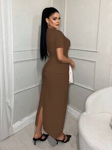 SHEIN SXY 新款复古通勤商务个性金属纽扣修身半身裙和女士毛衣两件套，适合初秋 - 咖啡棕 - 查看 2