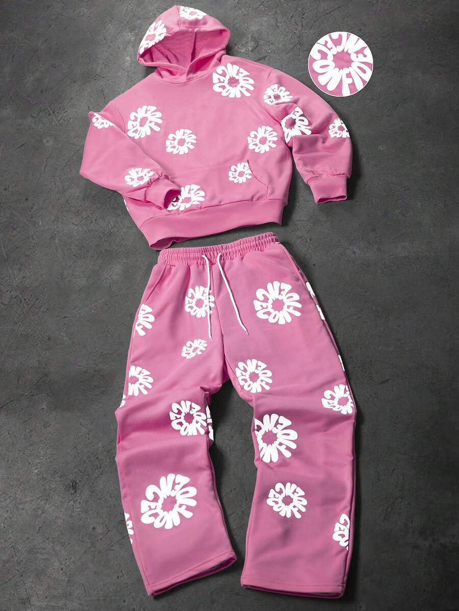 Manfinity EMRG Men Letter Print Hoodie And Sweatpants Set, Fall Clothes - Pink - View 1