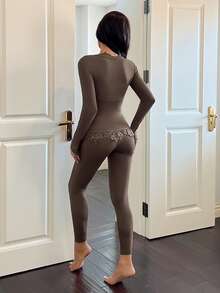 DAZY Charming Lace Patchwork Knit Slim Fit Women Pajama Set, Fall & Winter Clothes - Brown - View 2