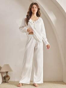 Ocili Romantic Ruffle V-Neck Women Pajama Set, Winter Clothes - White - View 3