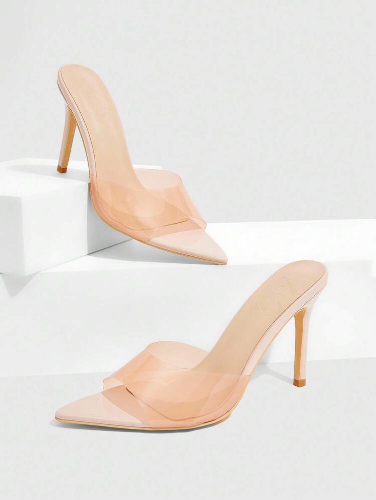 CUCCOO SZL Women's Pointed Toe Apricot See-Through TPU Mule High Heel Sandals For Christmas Spring Shoes Prom Heels Summer Shoes