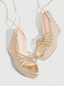 CUCCOO SZL Women's Fashion Gold Slim Strap Combination Lace-Up Rope Sole Wedge Sandals, Suitable For Commuting,Dating,Party,Holiday