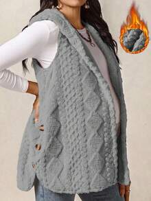 Boho Mama Pregnant Women's Geometric Textured Button Design Fluffy Hooded Cardigan, Autumn/Winter - Light Grey - View 1
